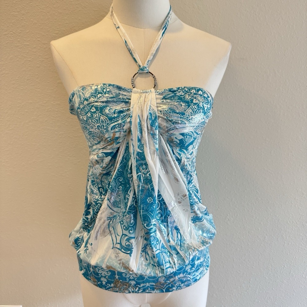 Vintage Y2K Crescendo Teal Babydoll Tank Cami Padded Bra Top Sz M Rhinestones